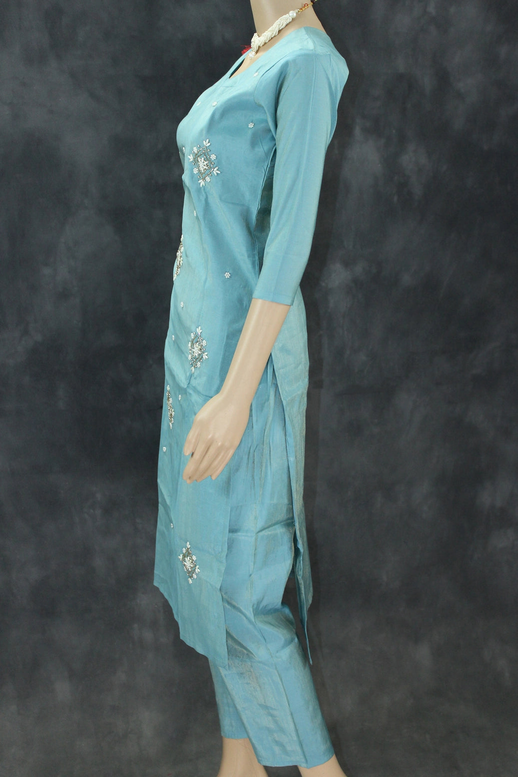 Pastel Blue Shimmer 3-Piece Salwar Suit with Aari & Pearl Embroidery, Organza Sequin and Printed Dupatta Kurti JCS Fashions