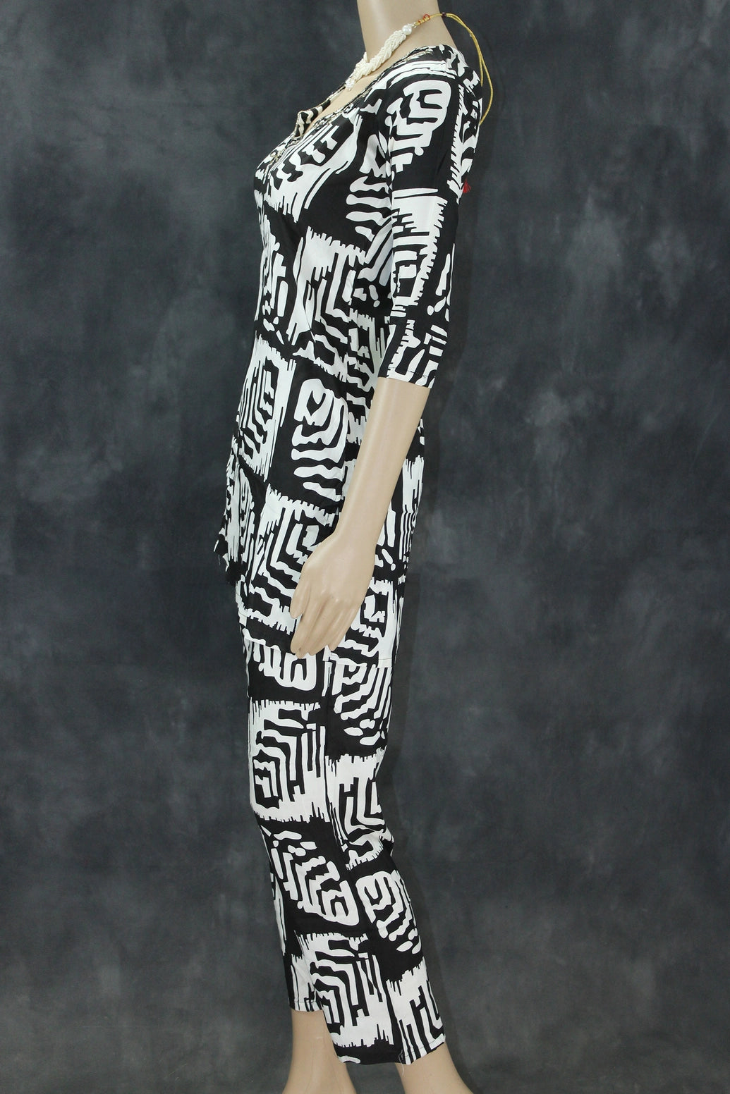 Black & White Rayon Printed Kurti Set with Beaded Neck and Elastic Pant Kurti JCS Fashions