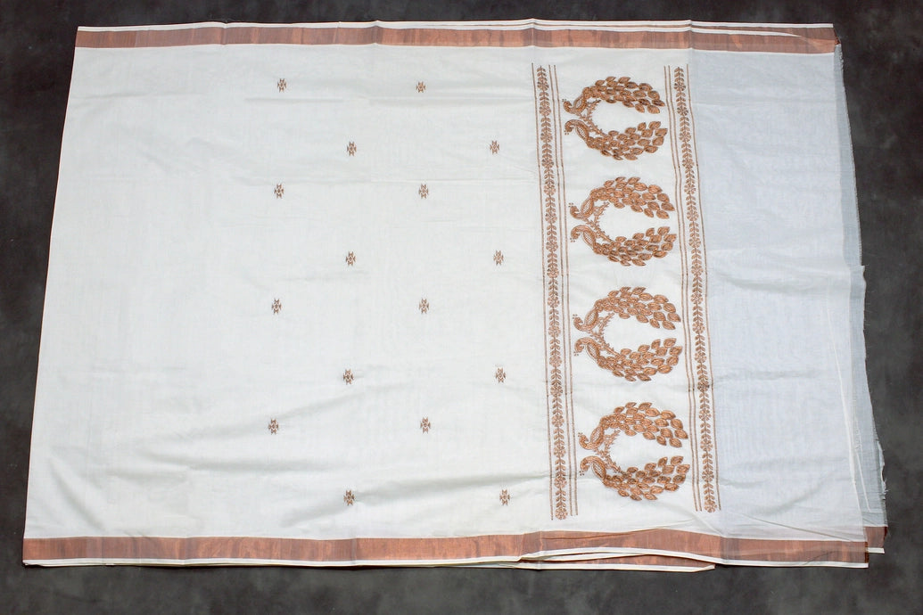 Pure Kerala Cotton White Saree with Copper Zari Peacock Embroidery, Includes Blouse Piece
