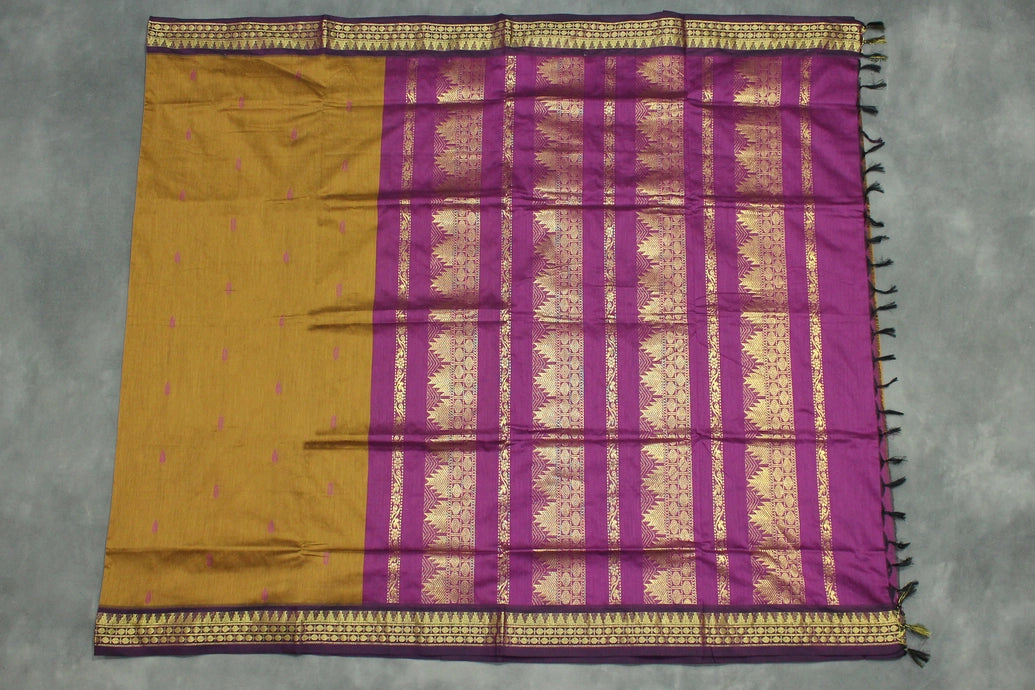 Silk Cotton Dark Mustard Saree with Purple Grand Pallu and Thick Zari Border Saree JCS Fashions