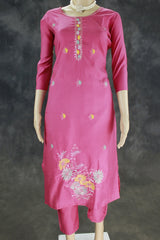 Deep Pink Roman Silk Chikankari-Style Kurti Set with Beads Work Neck & Chiffon Dupatta