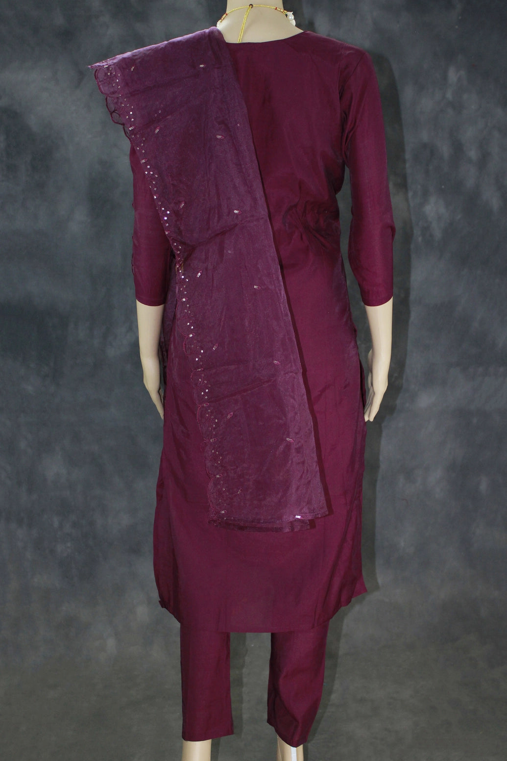 Dark Purple Roman Silk 3-Piece Kurti Set with Elastic Pant and Chiffon Dupatta, Floral Embroidery and Beaded Neck