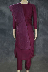 Dark Purple Roman Silk 3-Piece Kurti Set with Elastic Pant and Chiffon Dupatta, Floral Embroidery and Beaded Neck