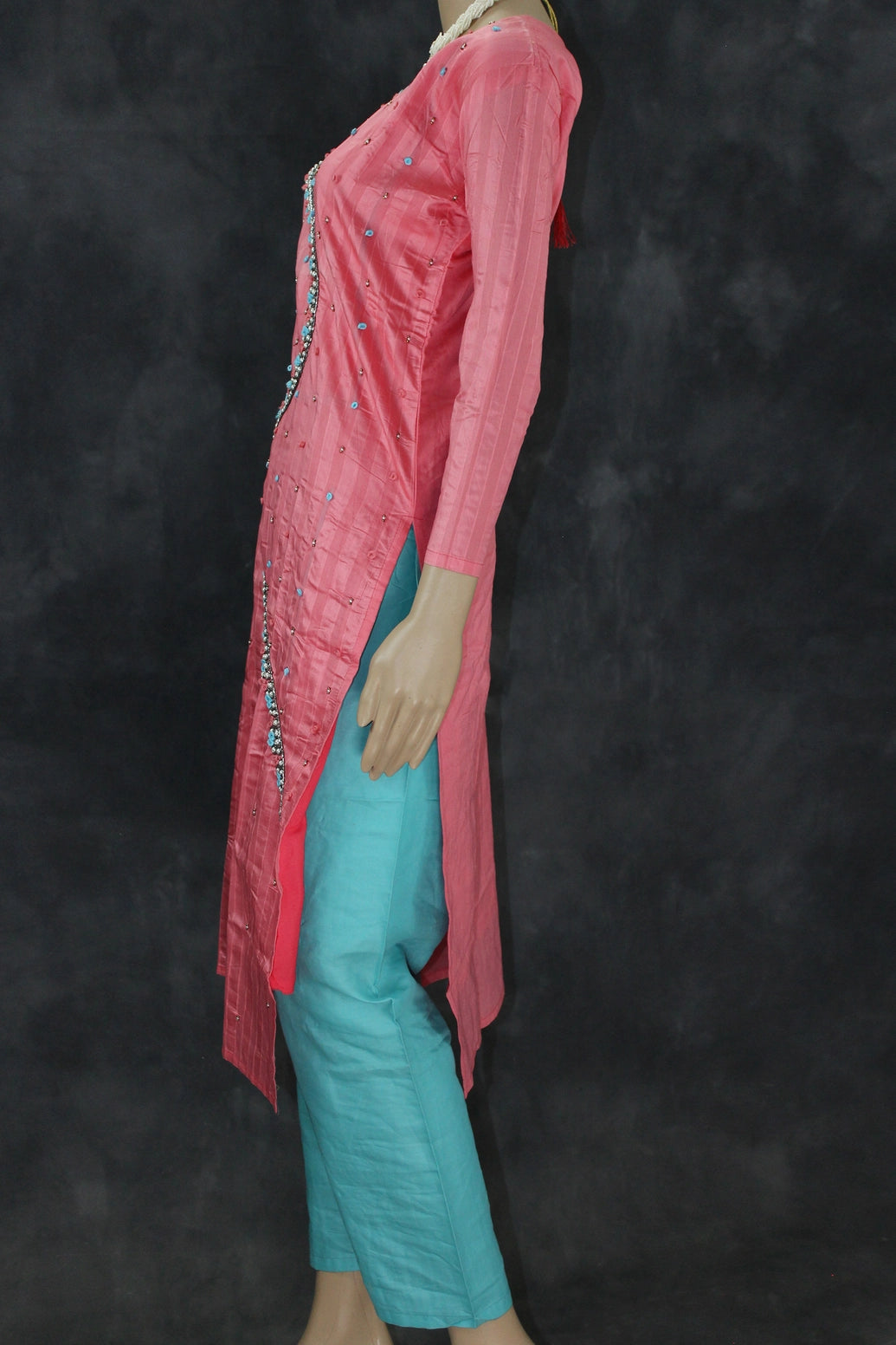 Pink Silk-Cotton Embellished Kurti Set with Pearl Beads, Aari & Thread Work - Top with Elastic Pant Kurti JCS Fashions