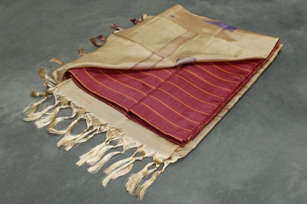 Handwoven Vaazhai Naar Banana Pith Saree in Brown with Small Purple Butta Motifs, Borderless Traditional Weave