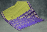 Kalyani Cotton Saree Olive Green with Zari Checked & Zari Peacock Border and Blouse Piece