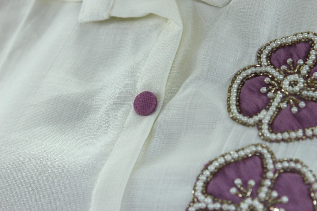 White & Lavender Cotton-Rayon Embroidered Aari Work Kurti Set with Straight Pants - Collar Neck, 3/4 Sleeve Kurti JCS Fashions