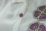 White & Lavender Cotton-Rayon Embroidered Aari Work Kurti Set with Straight Pants - Collar Neck, 3/4 Sleeve Kurti JCS Fashions