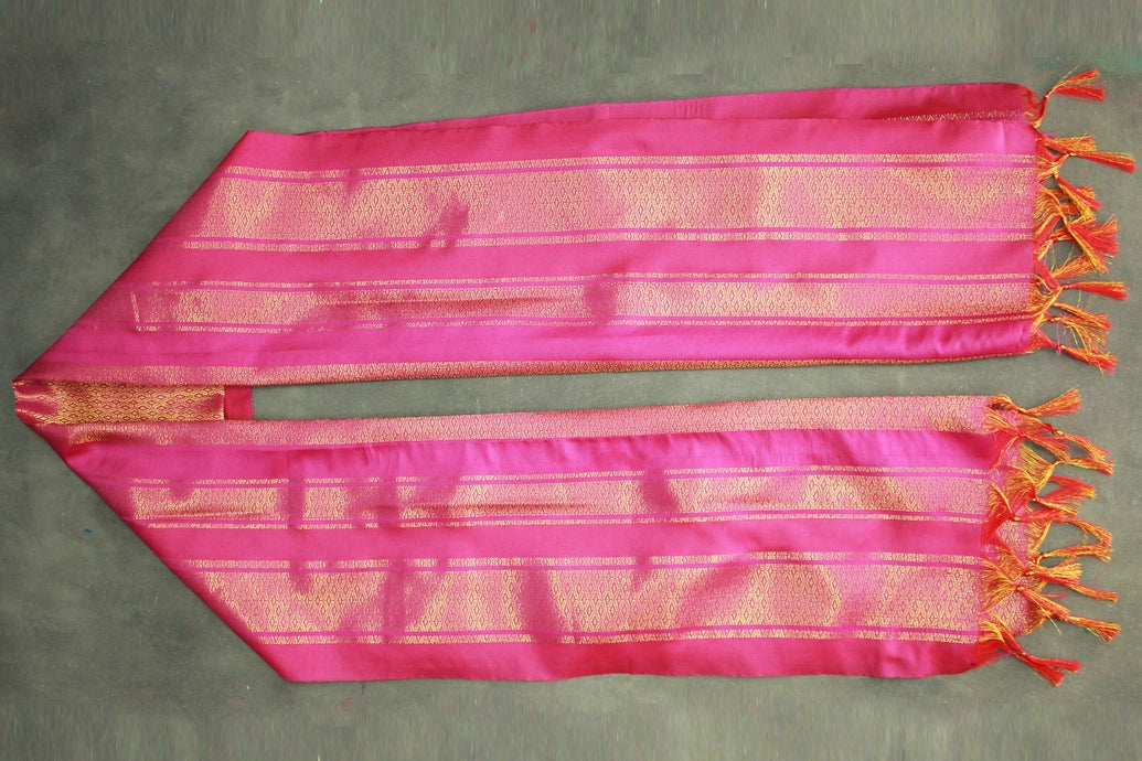 Magenta Pink Ponnadai Poly Silk Jacquard Temple Shawl with Zari Design and Tassels for Pooja & Functions