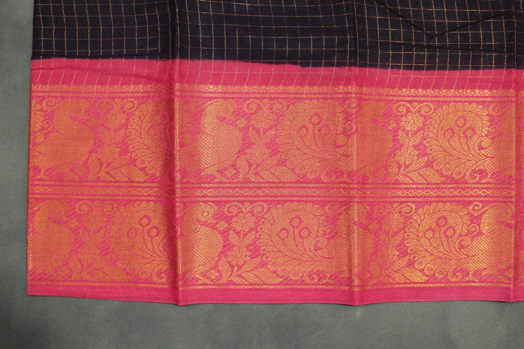 Dark Purple Sungudi Cotton Saree with Checked Zari Body and Pink Peacock Zari Double Border