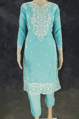 Light Blue Organza Kurti & Dupatta Salwar Set with Khatli Work and Beads-Sequin Embroidery