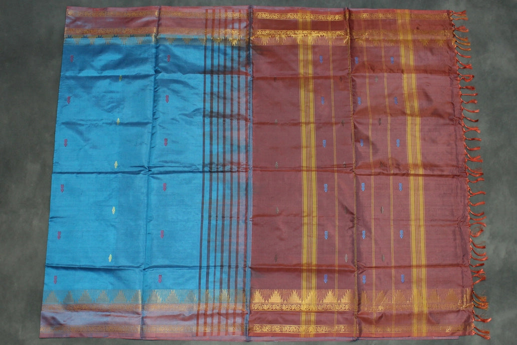 Blue & Brown Vaazhai Naar (Banana Pith) Saree with Zari Border and Small Butta
