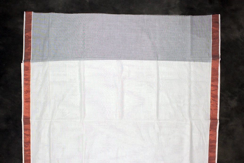 Pure Kerala Cotton White Saree with Copper Zari Peacock Embroidery and Blouse Piece