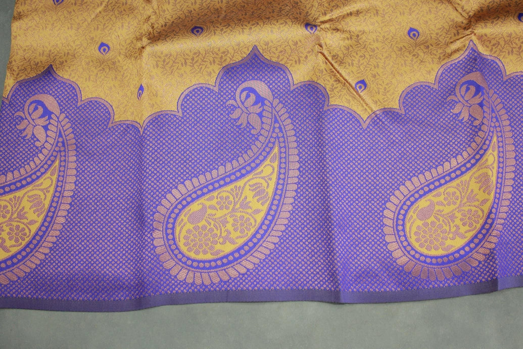 Golden Kubera Pattu Saree with Mango Design Border, Comes with Blouse