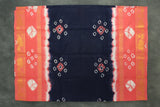 Pure Sungudi Cotton Bandhani Saree with Golden Zari Instrument Motif Border — Navy Blue & Coral, Unstitched Blouse Included Saree JCS Fashions