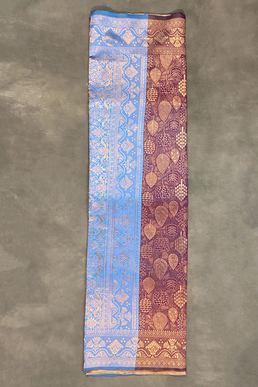 Purple Floral Soft Silk Designer Saree with Contrast Blue Border and Blouse Piece, Elegant Wedding Wear