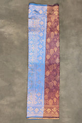 Purple Floral Soft Silk Designer Saree with Contrast Blue Border and Blouse Piece, Elegant Wedding Wear