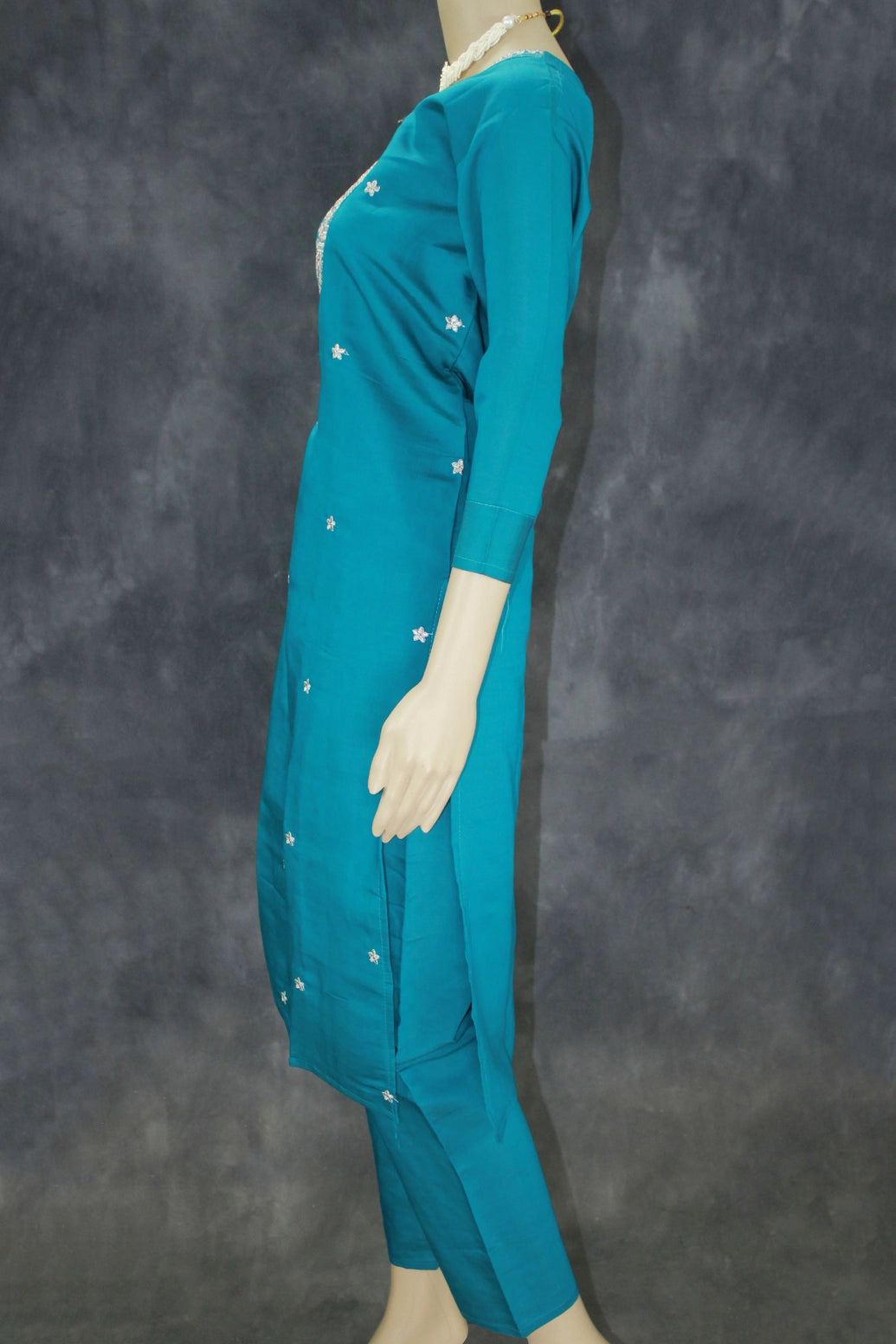 Elegant Teal Roman Silk 3 Piece Set with Digital Dupatta