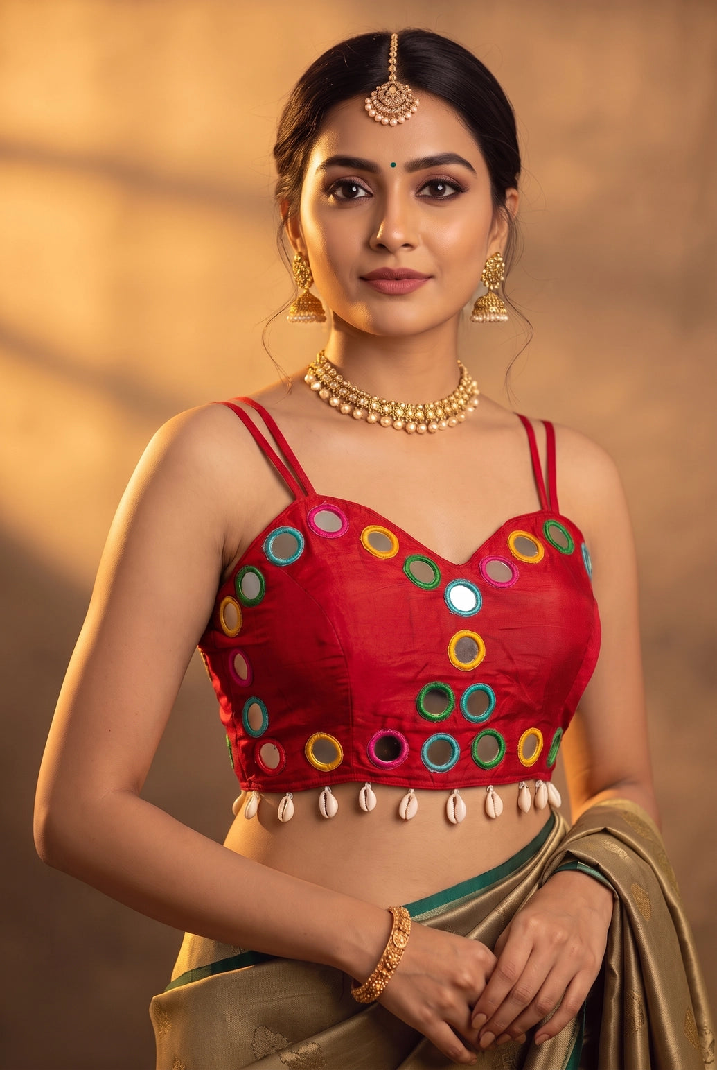 Navratri Mirror-Work Cowrie-Border Sleeveless Sweetheart Neck Blouse for Women in Embellished Finish
