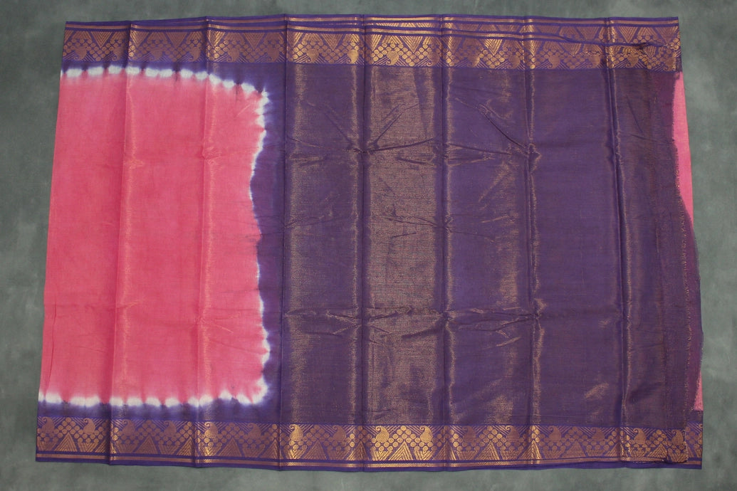 Pink Sungudi Cotton Saree with Purple Gold-Tone Zari Border, Vaira Oosi Diamond Pattern Saree JCS Fashions