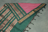 Onion Pink Cotton Kalyani Saree with Zari Checked Border and Zari Peacock Border, Blouse Included