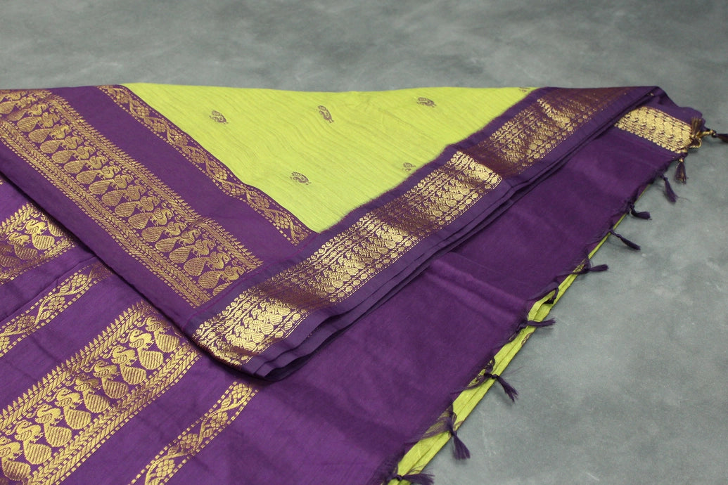 Kalyani Cotton Saree - Green Body with Purple Zari Border and Putta Motifs Saree JCS Fashions