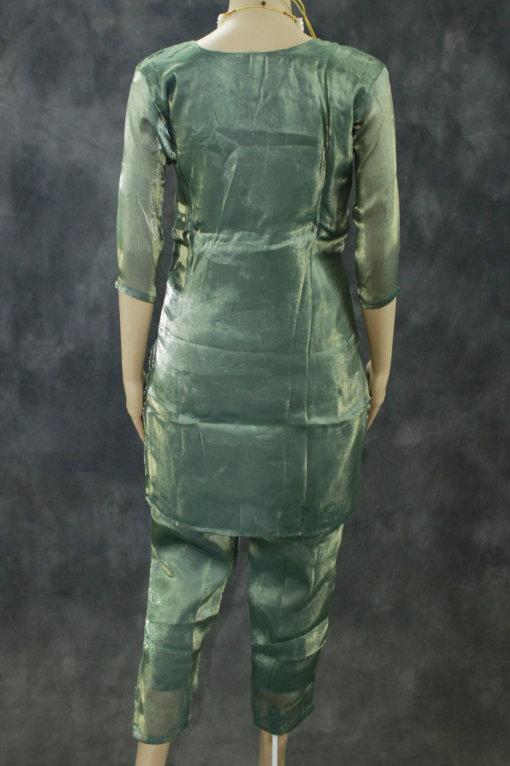 Green Rayon Silk Embroidered 2-Piece Kurti Set with V-Neck and Elastic Pant - Traditional Festive Wear