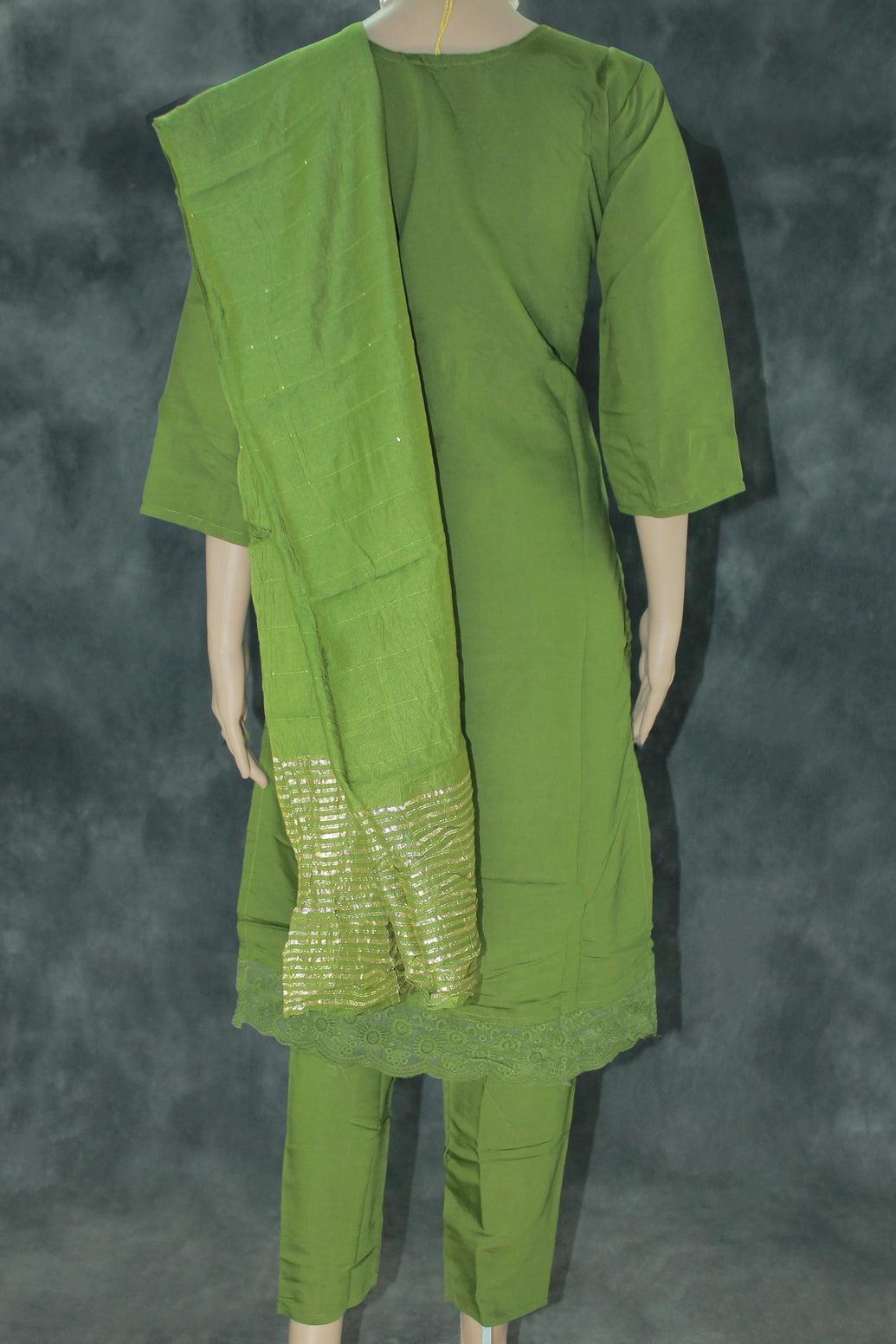 Mehendi Green Rayon Silk 3-Piece Kurti Set with Lined Elastic Pant & Zari Cotton Dupatta