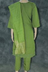 Mehendi Green Rayon Silk 3-Piece Kurti Set with Lined Elastic Pant & Zari Cotton Dupatta