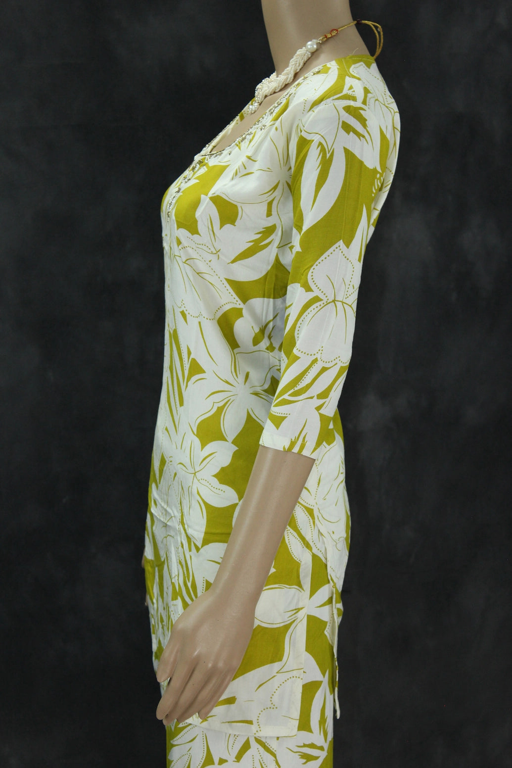 Cream & Mustard Rayon 2-Piece Co-Ord Set with Bead and Aari Neck Embellishment Kurti JCS Fashions