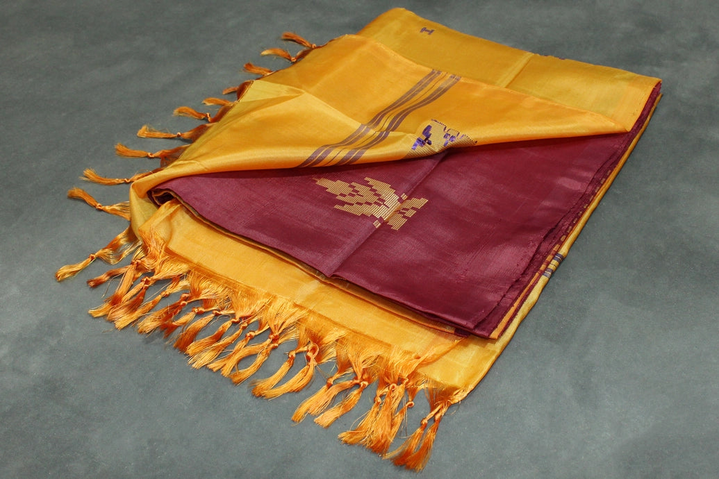 Banana Pith (Vaazhai Naar) Maroon & Yellow Borderless Saree with Small Butta