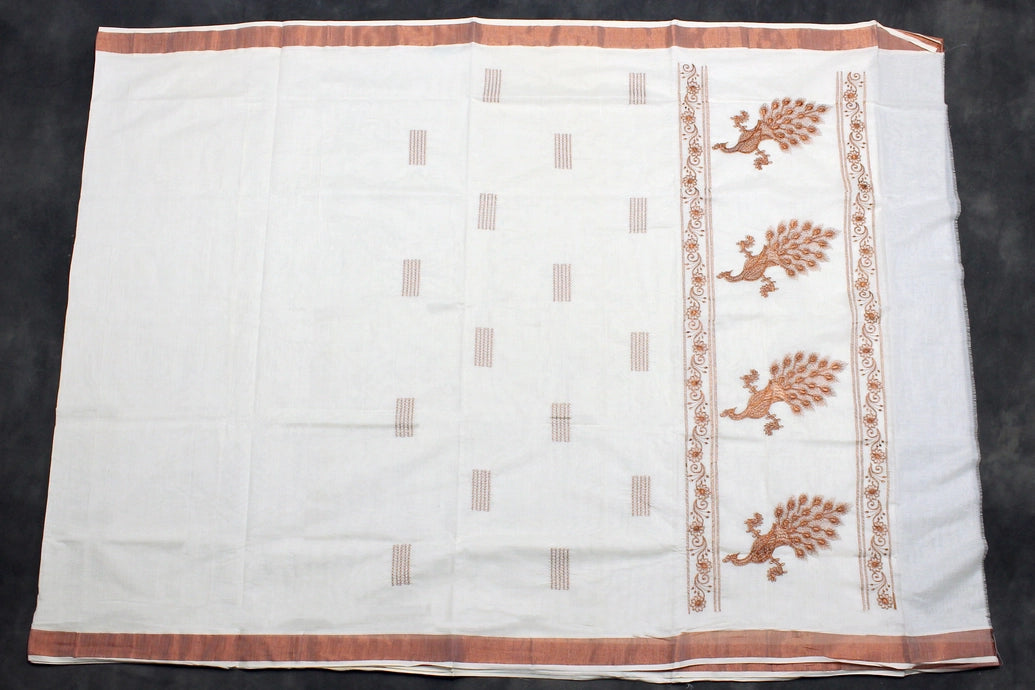 Pure Kerala Cotton White Saree with Copper Zari Peacock Embroidery