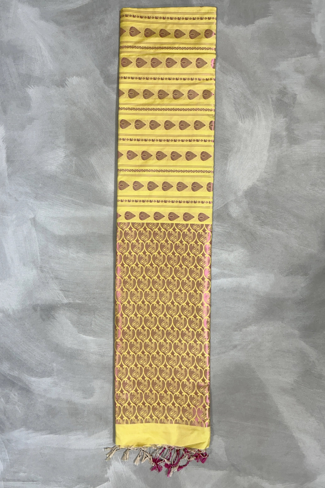 Yellow Korvai Soft Silk Border Saree with Delicate Gold Zari Buttas and Traditional Floral Zari Border