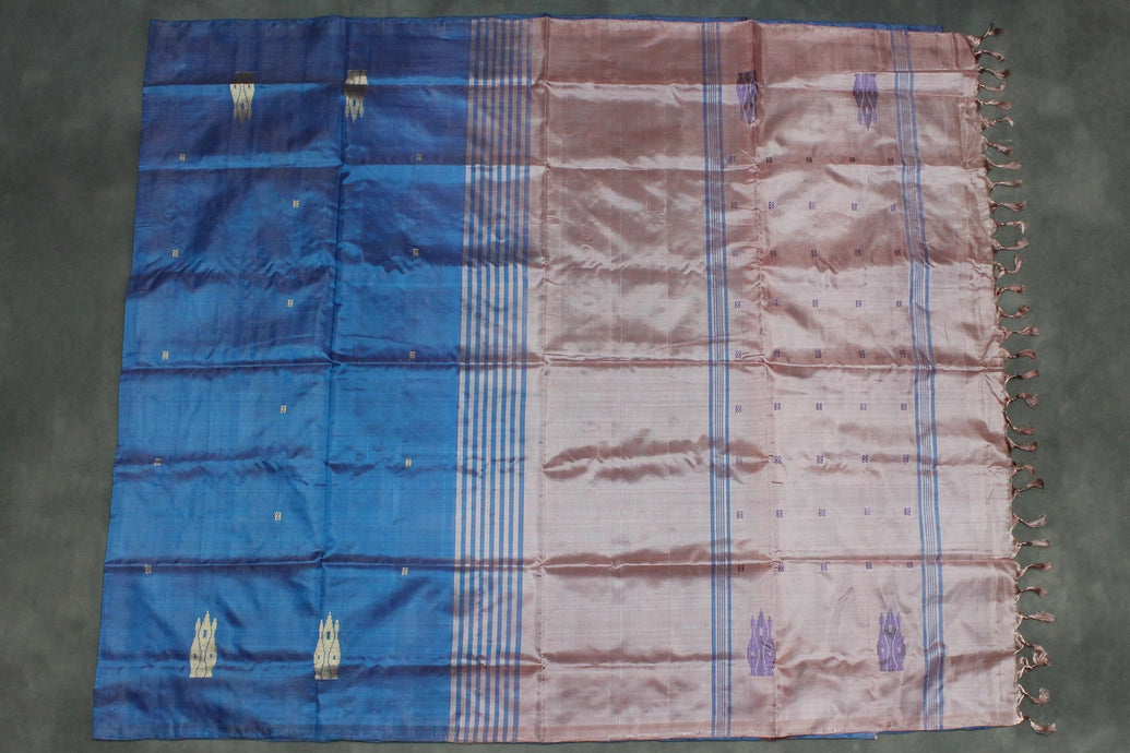 Blue & Light Onion Pink Vaazhai Naar (Banana Pith) Borderless Saree with Small Butta