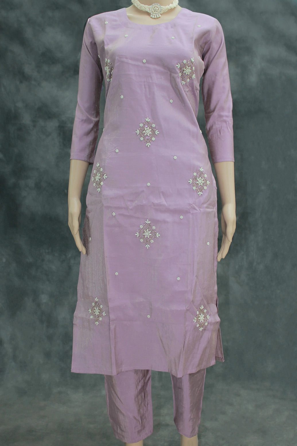 Lavender Shimmer 3-Piece Kurti Set with Aari & Pearl Embroidery, Elastic Pants and Printed Organza Dupatta