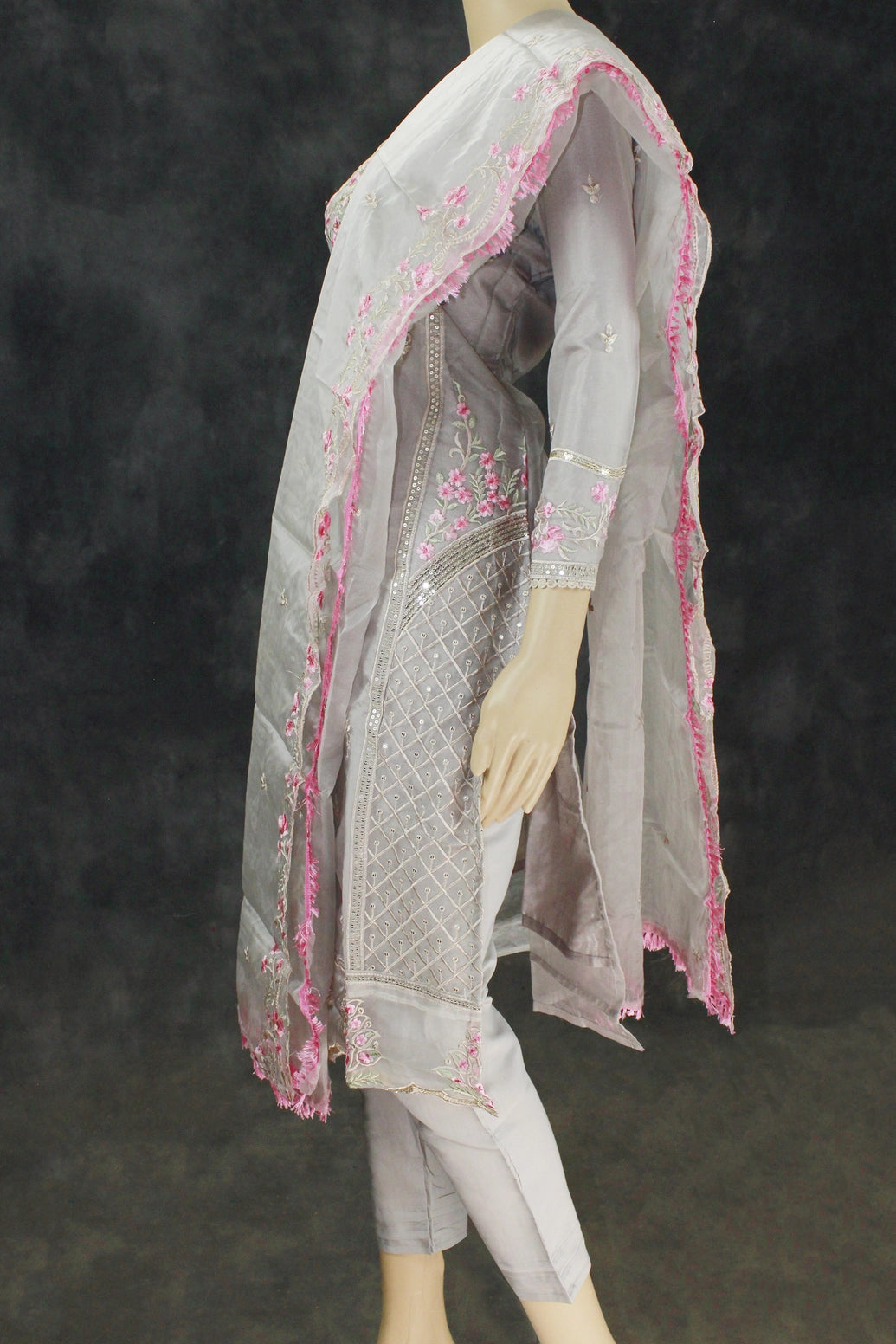 Light Grey Organza Kurti with Pink Khatli Work & Border Dupatta, Roman Silk Bottom 3-Piece Salwar Set
