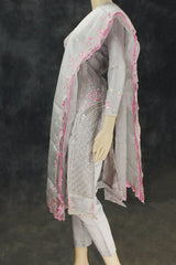 Light Grey Organza Kurti with Pink Khatli Work & Border Dupatta, Roman Silk Bottom 3-Piece Salwar Set