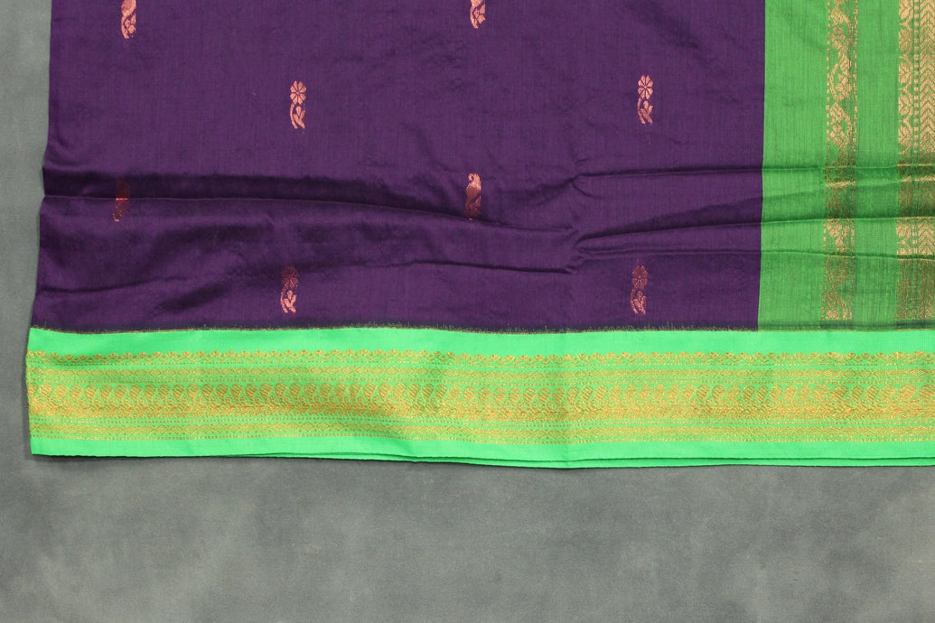 Traditional Kalyani Cotton Saree with Zari Border and Putta Motifs - Deep Violet & Green Saree JCS Fashions