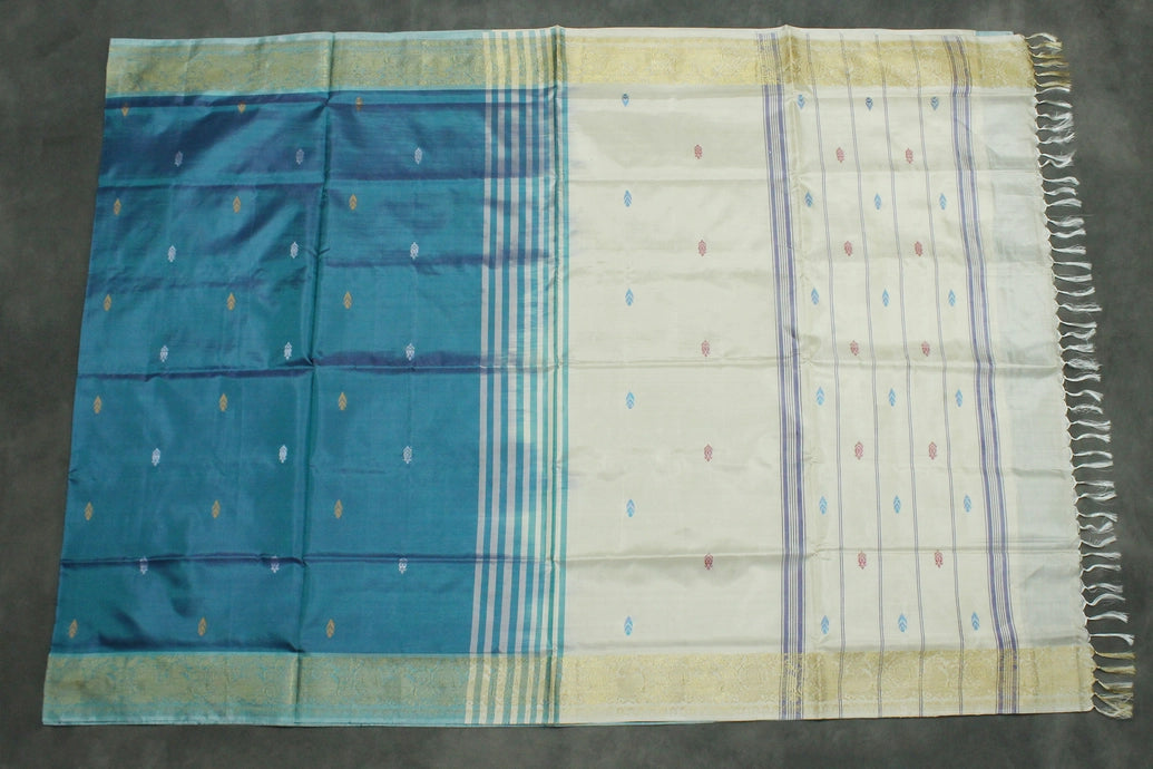 Peacock Blue & Cream Vaazhai Naar (Banana Pith) Saree with Zari Border and Butta