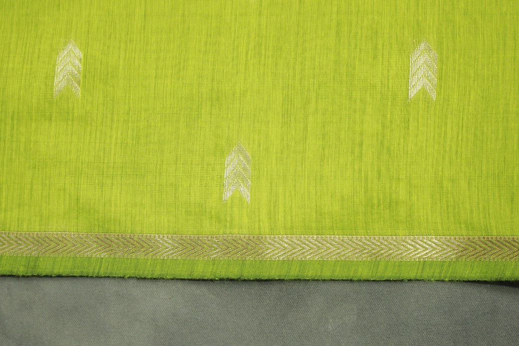 Maheswari Cotton Saree with Small Butta & Zari Border, Green Silk Cotton Saree with Blouse Piece