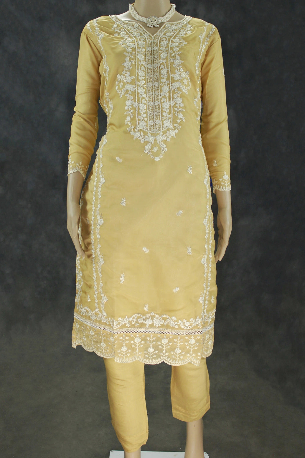 Light Beige Organza Kurti Salwar Suit Set with Khatli Work, Beads & Sequins, Roman Silk Bottom and Border Dupatta