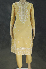 Light Beige Organza Kurti Salwar Suit Set with Khatli Work, Beads & Sequins, Roman Silk Bottom and Border Dupatta