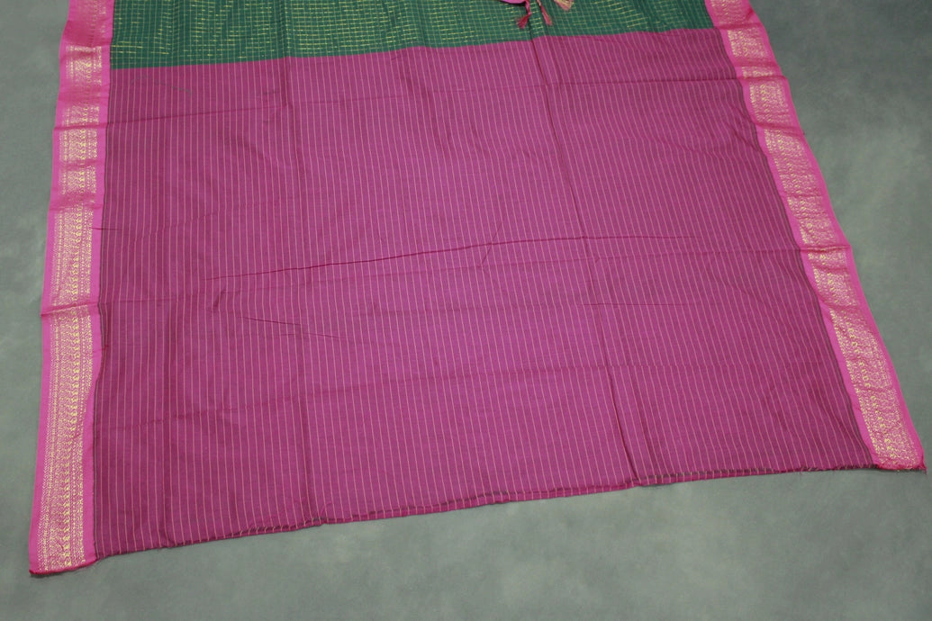 Dark Green Kalyani Cotton Saree with Zari Checked and Peacock Border and Blouse