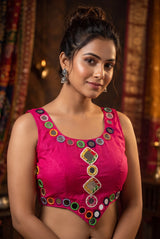 Mirror-Work Navratri Sleeveless Blouse with Pearl Bead Mirror Clusters and Diamond Motifs