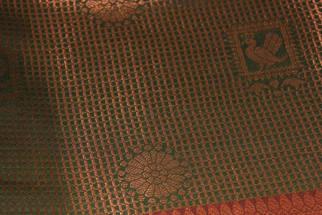 Bridal Kubera Pattu Saree with Full Zari Work and Rich Border - Olive Green Cotton