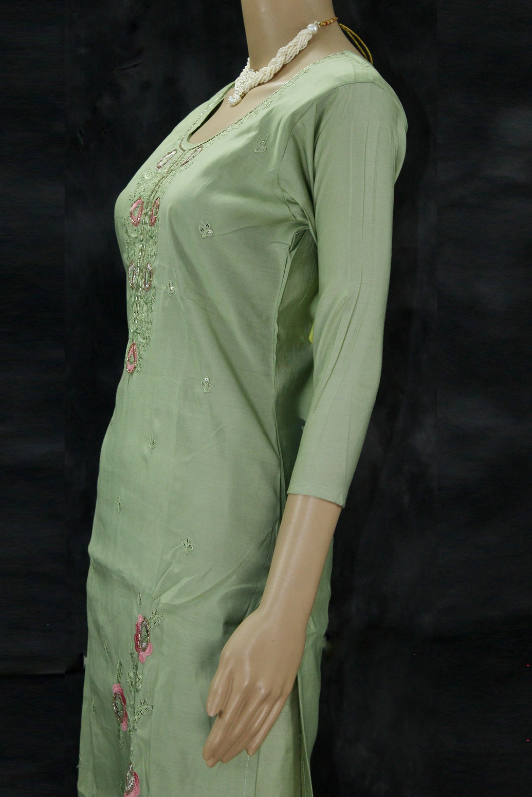 Light Green Roman Silk Kurti Pant Set with Embroidered Handwork Chinon Dupatta for Women