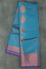 Blue Bridal Kanjivaram Style Pattu Saree with Full Body Zari Work and Contrast Border