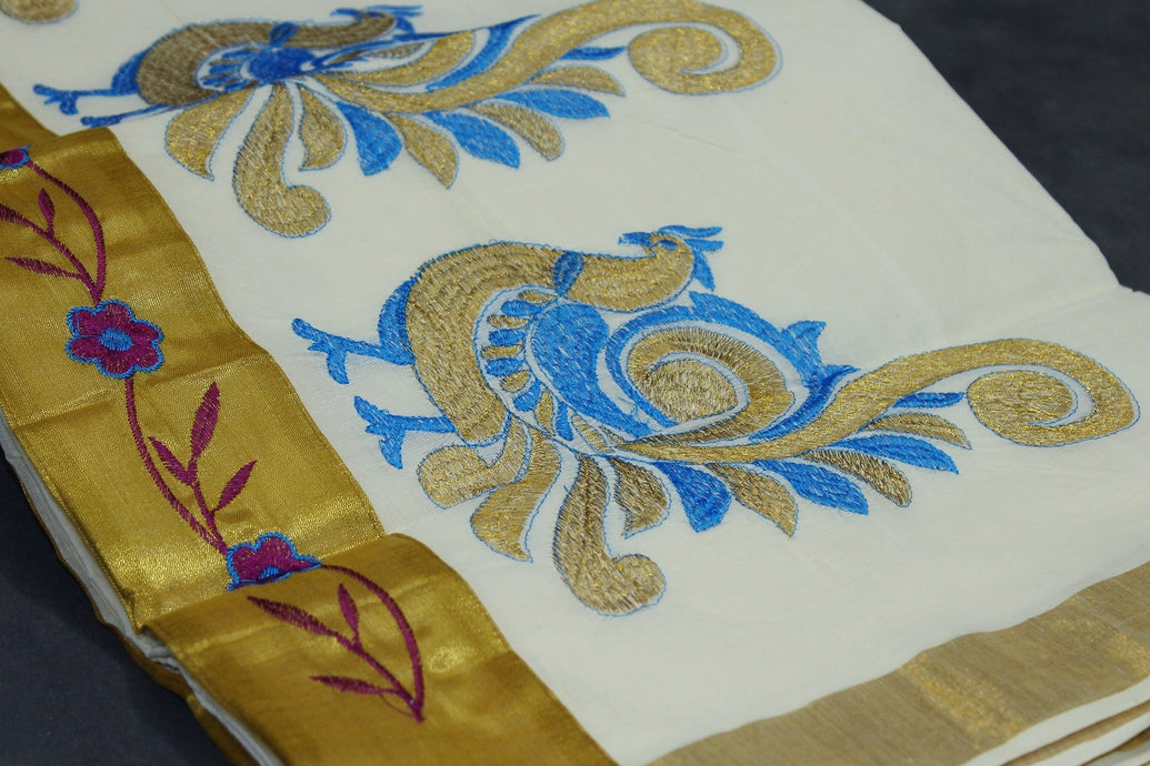 Pure Kerala Cotton White Saree with Gold Zari Border and Blue Peacock Embroidery - Blouse Included