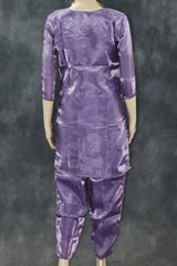 Purple Rayon Silk Embroidered Kurti Set - 2-Piece Top with Elastic Pant