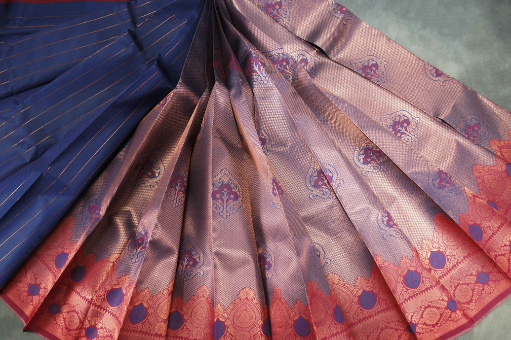 Navy Blue Kubera Pattu Silk Saree with Traditional Border and Blouse Piece | Semi Silk